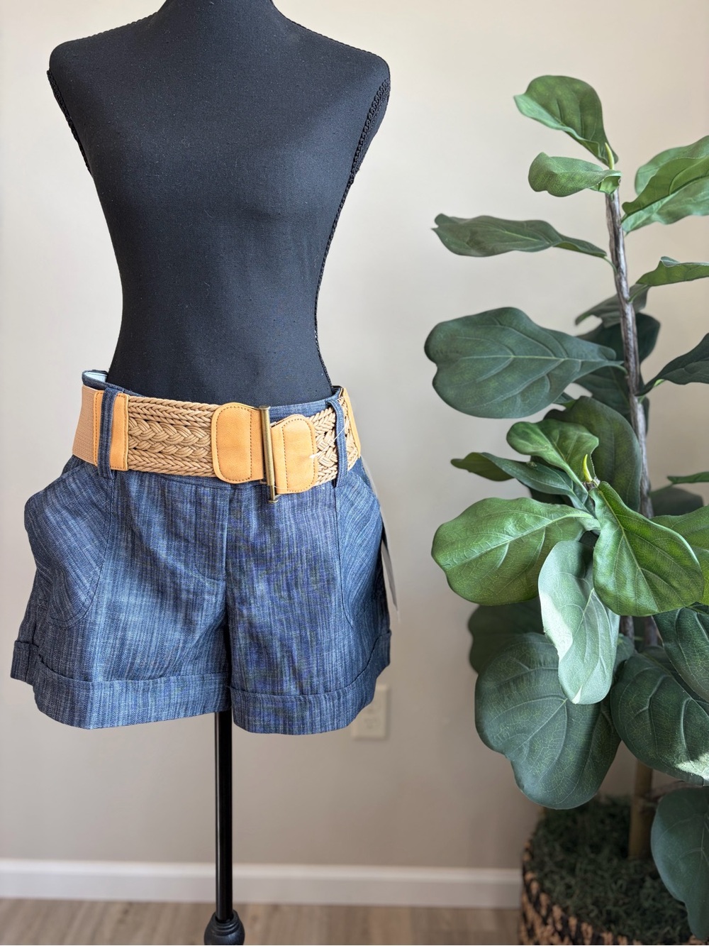 Maurices Blue Denim-Style Shorts with Tan Woven Belt